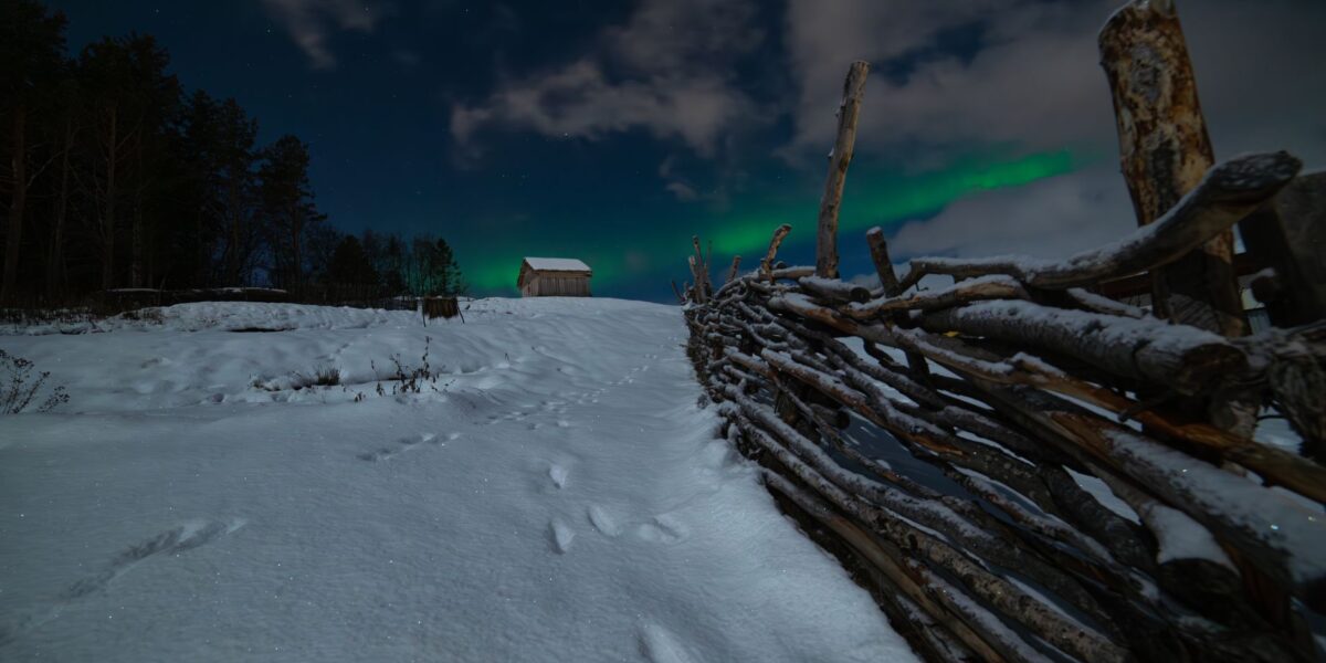 Aurores boréales au-dessus d'un paysage enneigé à Harstad, hiver en Norvège